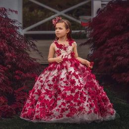 Adorável 3D Apliques Little Girls Pageant Dresses Vestido Ball Flower Girl Dress para Jeia de Casamento Jóia Tulle Primeira Comunhão Vestidos 415