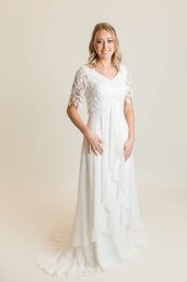 Boho Lace Chiffon Modest Wedding Dresses With Half Sleeves V Neck Ruffles Skirt Informal Lds Bridal Gowns Custom Made Religious Wedding gown