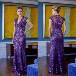 Purple Sheath Mother Of The Bridal Dresses V Neck Capped Beads Sequins Appliques Lace Prom Dress Floor Length Mothers Dresses