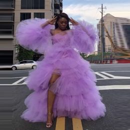 Lavender Sexy Prom Dresses With Separate Long Sleeves High Leg Splits Puffy Tulle Tiered Lush Evening Gowns Party Wear vestido de fiesta