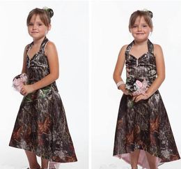 camo dresses cheap Australia - New Cheap Halter Camo Flower Girl Dresses High Low Outdoor Country Girls Kids Wedding Party Wear Hi-lo Summer