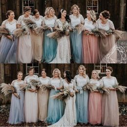 Country Lace Top Two Pieces Bridesmaid Dresses 2020 Cap Sleeves A Line Soft Tulle Plus Size Beach Maid Of Honor Evening Gowns