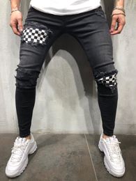 -Mens High Street Designer Checker Paneled Denim Jeans Mens Slim Fit Teenager Boy Hiphop Rasgado Jean Calças