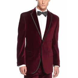 New Popular Design Two Buttons Dark Red Velvet Wedding Groom Tuxedos Notch Lapel Groomsmen Mens Dinner Blazer Suits (Jacket+Pants+Tie) 396