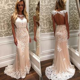 Nude Ivory Lace Applique Elegant Formal Evening Dresses 2019 Sheer Neckline Cap Sleeve Crystal Sashes Sheath Bridesmaid Prom Party Dress