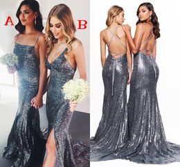 2019 Sexy Criss Cross Backless Sequined Bridesmaid Dresses Spaghetti Strap Mermaid Wedding Guest Party Evening Prom Gowns Cheap BM0941