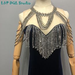 Sexy Dark Navy Velvet with Sheer Mermaid Evening Dresses Sparklinhg Beading Real Pictures L&P DQL Studio