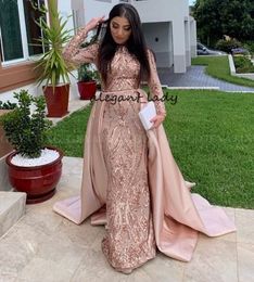 Saudi Arabia Long Sleeves Mermaid Muslim Evening Dress with Detachable Train Rose Gold hunter Sequin Kaftan Dubai Prom Formal Dresses