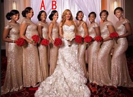 2020 African Rose Gold Sequined Bridesmaid Dresses One Shoulder Jewel Neck Capped Sleeves Zipper Back Sweep Train Mermaid Party Gowns Custom