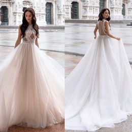 2020 Modest Idaorez Simple A Line Wedding Dresses High Neck Sleeveless Tulle Lace Applique Wedding Gowns Sweep Train robe de mariée