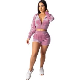 New Women Jogger Suits Fall Winter Tracksuits Velour Two Piece Set Long Sleeve Hooded Jacket+Shorts 2PCS S-XL Solid Outfits Outdoor Sweatsuits clothes 5626