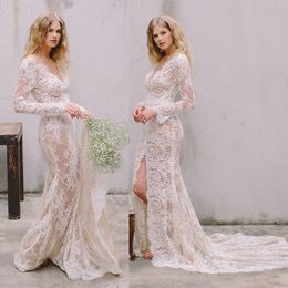 2020 Full Lace Mermaid Wedding Dresses Elegant Appliqued V-neck Long Sleeves Wedding Gown Sweep Train Custom Made Vestidos De Novia