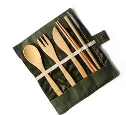 7PCS/SET Portable Cutlery Set Outdoor Travel Bamboo Flatware Set Knife Chopsticks Fork Spoon Dinnerware Sets For Student Tableware SN38