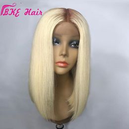 Fast Shipping Straight Synthetic Ombre Blonde Heat Resistant Hair Glueless Lace Front Wig With Baby Hair Density Short Bob Wigs For Women