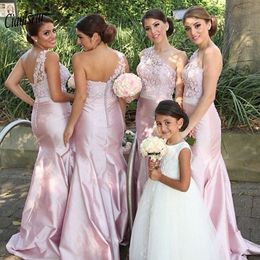 Charming Pink Mermaid Lace Bridesmaid Dresses One Shoulder Cheap Country Maid Of Honor Gowns Floor Length Satin Wedding Guest Dress