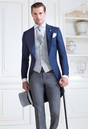 Morning Style One Button Navy Blue Wedding Men Suits Peak Lapel Three Pieces Business Groom Tuxedos (Jacket+Pants+Vest+Tie) W1169