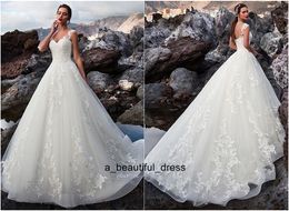 Tulle V Neck A-line Wedding Dresses Sexy Backless Lace Appliques Court Train Bridal Gown Customized Robe De Mariage Wedding Gown