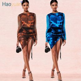 HAOYUAN Sexy See Through Mesh Night Party Club Dress Women Vestidos Long Sleeve Lace Up Ruched Bandage Dress Bodycon Mini Dress