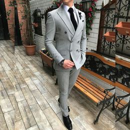 Double Breasted Groom Tuxedos Pinstripe Mens Suits Boyfriend Blazer Best Man Office Clothing Formal Wedding Jacket(Jacket+Pants)