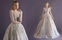 2019 New Sheer Long Sleeves Appliques Evening Prom Party Pageant Dresses Scoop Neck Sliver Beaded Ball Gown Floor Length Paolo Sebastian 236
