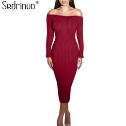 Fashion Long Sleeve Off Shoulder Slash Neck Sexy Club Women Dress Slim Bodycon Knitted Sweater Knee-Length Party Night Dresses