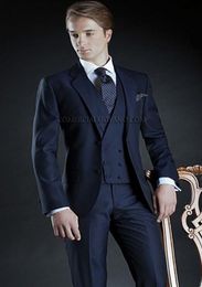 Classic Design Navy Blue Groom Tuxedos Notch Lapel Two Button Groomsmen Mens Wedding Dress Excellent Man Suits(Jacket+Pants+Vest+Tie) 375