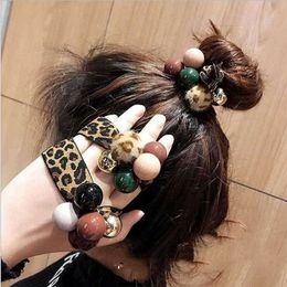 New Women Girl Leopard Print Hair Band Bead Ties Pretty High Elastic Rope Ring Hairband Ponytail Holder Headband Hair Accessory