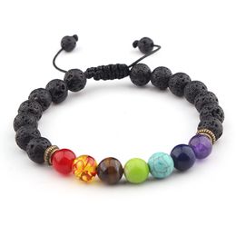Charms 7 Chakra Bracelets Natural Lava Stone Bracelet Adjustable 8mm Energy Yoga Healing Beads Fashion Jewellery Gift DHL Free