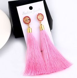 Bohemian Crystal Charm Tassel Earrings Black White Blue Red Pink Silk Fabric Long Drop Dangle Earrings For Women Jewelry