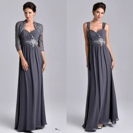 New Grey Mother of the Bride Dresses With Jacket Lace Appliqued Floor Length Wedding Guest Dresses Plus Size Chiffon Evening Gowns