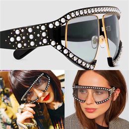 Luxury-Fashion popular avant-garde style oversized goggles inlaid pearl rivets frame and legs top quality uv protection eyewear with box0234