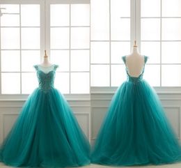 2019 Turquoise Vestido De Quinceanera Dresses Cap Sleeve Open Back Lace-up Applique Beaded Sequin Sweet 16 Dress Ball Gowns Prom Dress