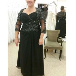 2020 Black Mother Of The Bride Dresses A-line sweetheart 3/4 Sleeves Chiffon Appliques Beaded Plus Size Groom Mother Dresses For Weddings