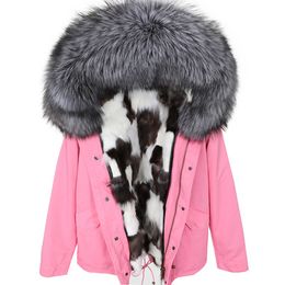 Silver fox fur trim Maomaokong brand white black fox fur lined pink mini jackets snow parka women coats