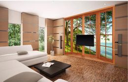 modern living room wallpapers windows lake woods 3d background wall