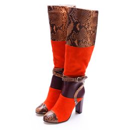 Designer-es buckle mixed color zip chunky heel winter women Knee-High Boots high heels women shoes shoes women
