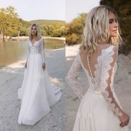 2019 Bohemian Wedding Dresses V Neck Long Sleeve Lace Appliques Beads Bridal Gowns Custom Made Beach A-Line Wedding Dress Robe De Mariee