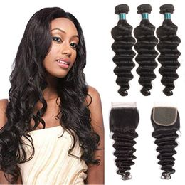 Huaman Hair Bundles with Closure Brazilian Virgin Hair Loose Deep Wave 3 Bundles With 4*4 Lace Closure for A Full Head for women