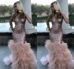 2020 Rose Pink Black Girls Prom Pageant Dresses Mermaid With Ruffles Sequined V-neck Zipper Evening Elegant Formal Party Dress robes de