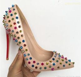Hot Sale-fashion women pumps Nude patent point toe Multi Colour spikes high heels thin heel shoes genuine leather real photo party shoes