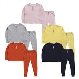 Kids Pyjamas Solid Colour Button Sleepwear Child Long Sleeve Elastic Sleepsuit Summer Autumn Home Sleepwear Suit Baby Clothing Sets C1528