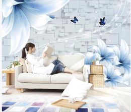 wallpaper for walls 3 d for living room Blue lily butterfly square 3D TV background wall