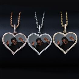 Maßgeschneiderte Foto-Memory-Medaillons-Halsketten Bling Iced Out Herz-Anhänger Seilketten für Männer Frauen Hip Hop personalisierter Schmuck