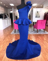 Peplum Prom Dress 2020 Mermaid One Shoulder Royal Blue Satin Pageant Gowns for Lady Long Zipper Back Sleeveless Custom Made