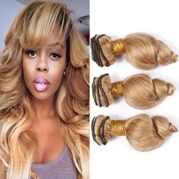 #27 Honey Blonde Peruvian Virgin Hair Weaves Loose Wave Human Hair 3 Bundle Deals Light Brown Loose Wavy Virgin Hair Extensions Double Wefts