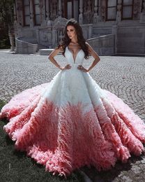 Pink Blush Wedding Dresses Deep V Neck Sequined Beaded Belt Sash Bridal Gown Sleeveless Backless Ruffle Tiered Chapel Train Robes De Mariée