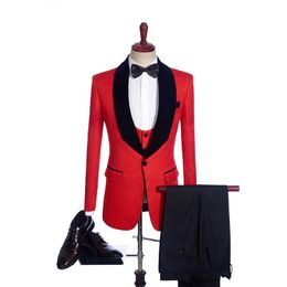 Red Paisley Groom Tuxedos Black Velvet Lapel Groomsmen Wedding Dress Popular Man Business Dinner Prom Blazer(Jacket+Pants+Tie+Vest) 1031