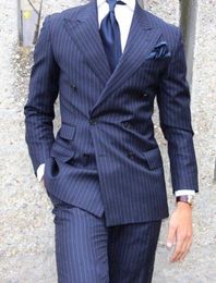 New Classic Design Blue Stripe Groom Tuxedos Groomsmen Best Man Suit Mens Wedding Suits Bridegroom (Jacket+Pants+Tie) 1082