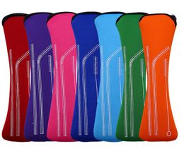 250x6cm Portable Neoprene Straws Bags Stainless Steel Straws Metal Straight Bent Drinking Straw Travel Camping Neoprene Storage zipper Bag