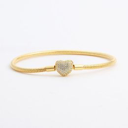 18K chapado en oro amarillo CZ Diamond Heart Bracelets Original Box Set para Pandora 925 Serpiente de plata pulsera de cadena para mujeres joyería de la boda